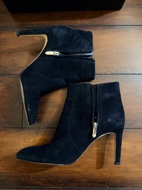 Sam Edelman Black Suede Pointed Ankle Booties with Gold Zipper